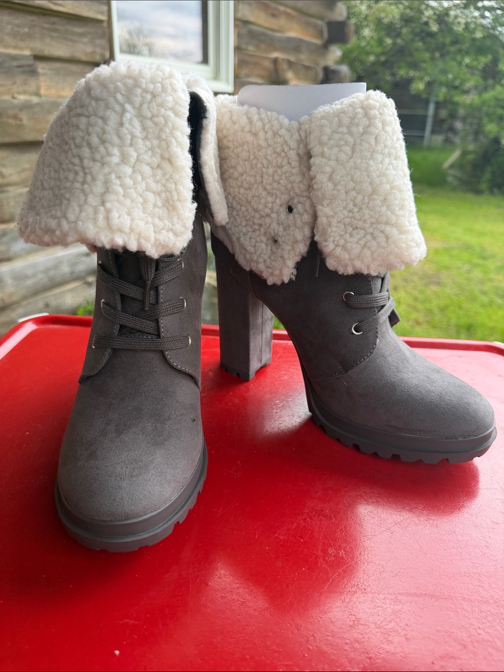Shoe Dazzle Gray Suede Lace-Up Fold-Over Shearling Heel Boots